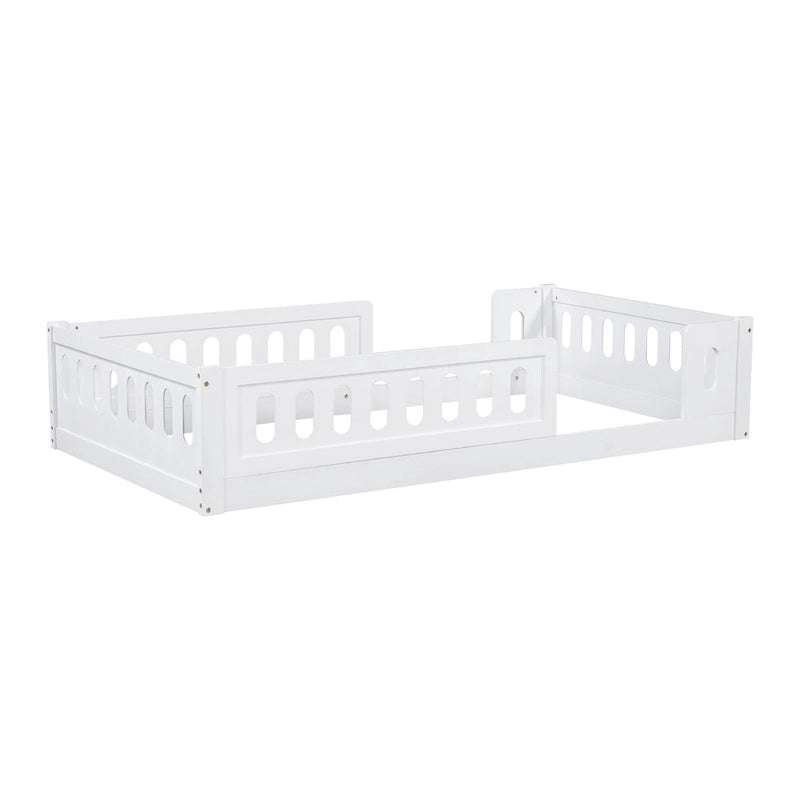 Lit plate-forme double en bois, blanc et au design moderne, avec garde-corps pour chambre à coucher