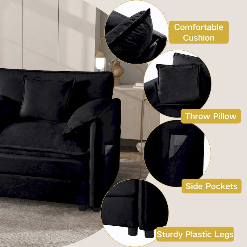 Fauteuil modulaire en chenille avec poches de rangement et coussin décoratif