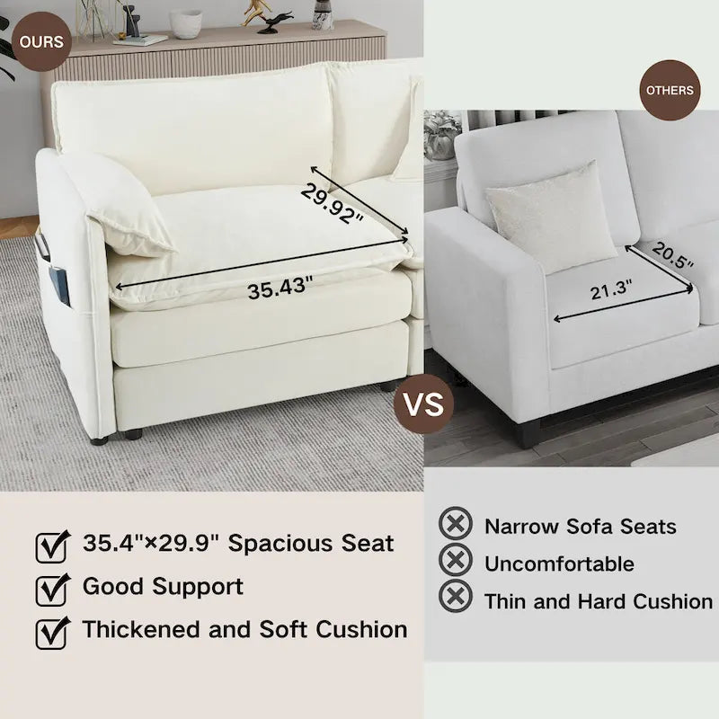 Fauteuil modulaire en chenille avec poches de rangement et coussin décoratif