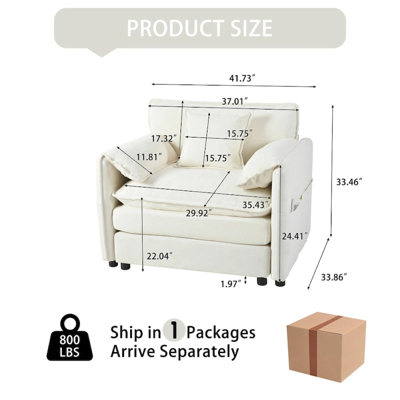 Fauteuil modulaire en chenille avec poches de rangement et coussin décoratif