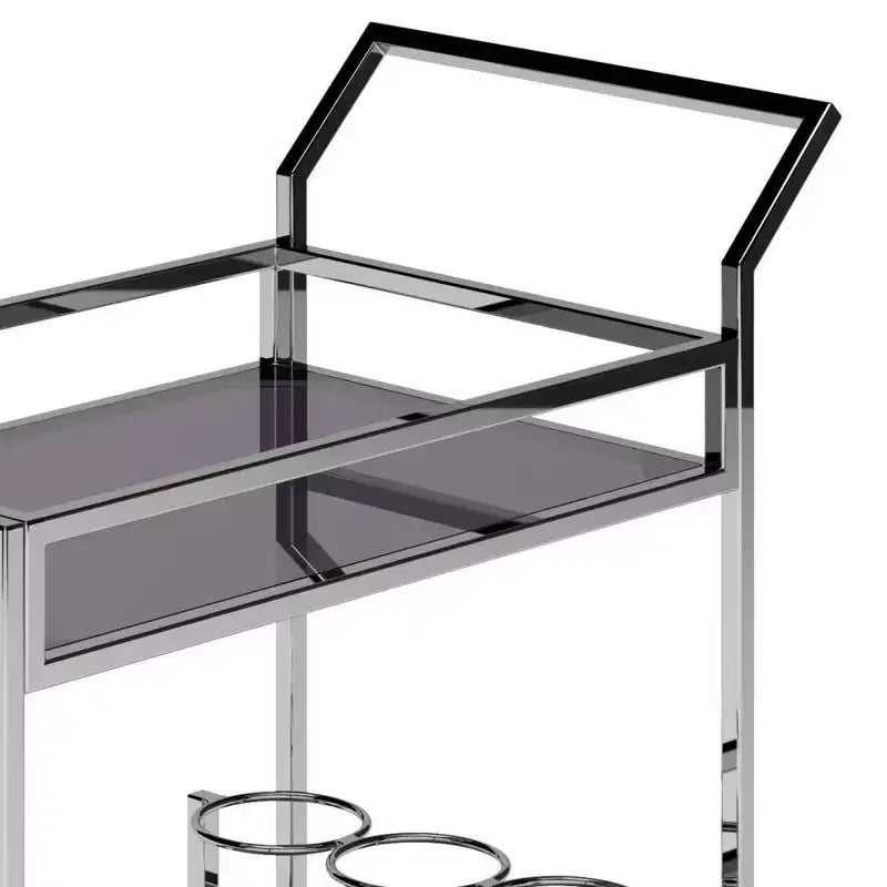 Chariot de bar WyndenHall Snell Chrome : verre et acier modernes, étagère fixe, utilisation en intérieur, capacité de 45 kg