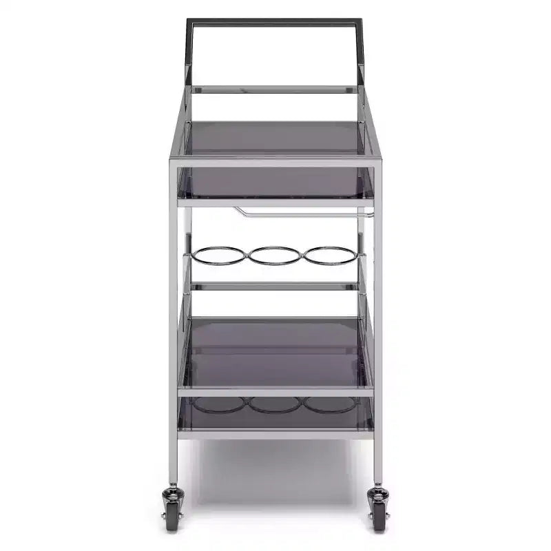 Chariot de bar WyndenHall Snell Chrome : verre et acier modernes, étagère fixe, utilisation en intérieur, capacité de 45 kg