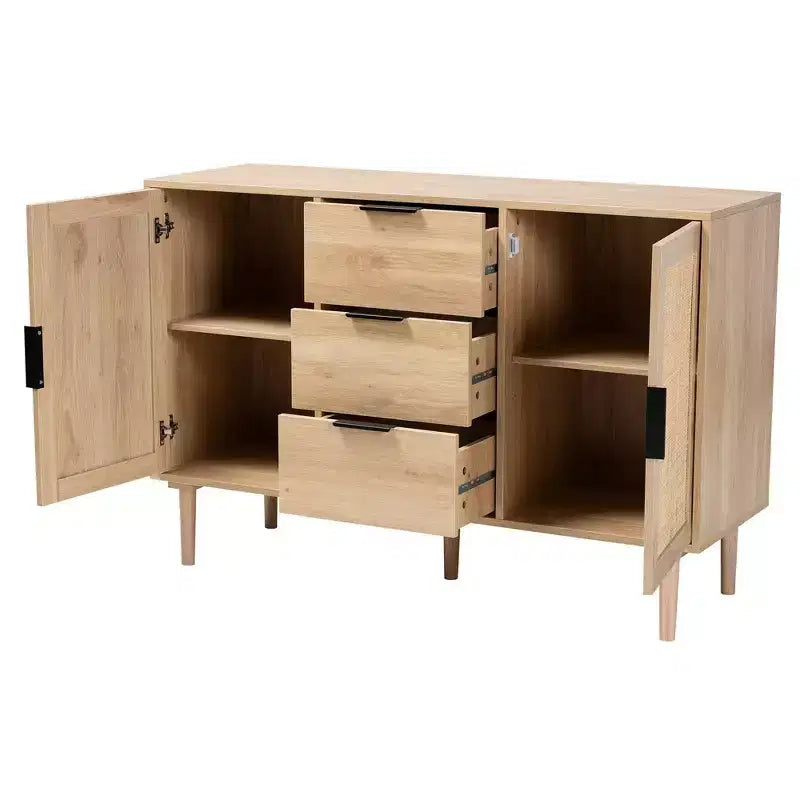 Bahut de salle à manger Harrison Wood and Rattan 3 tiroirs avec rangement – Baxton Studio