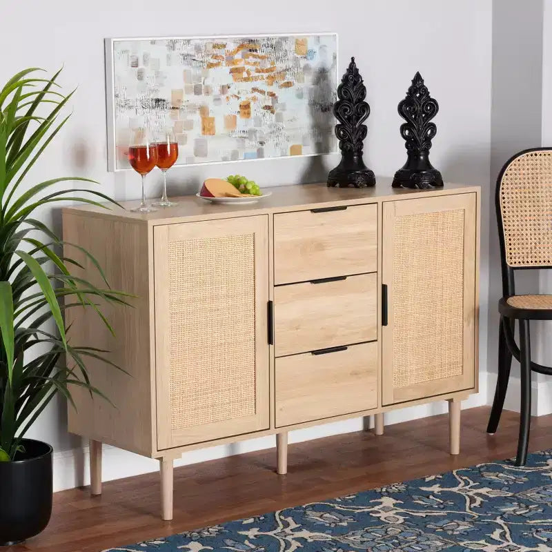 Bahut de salle à manger Harrison Wood and Rattan 3 tiroirs avec rangement – Baxton Studio