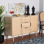 Bahut de salle à manger Harrison Wood and Rattan 3 tiroirs avec rangement – Baxton Studio