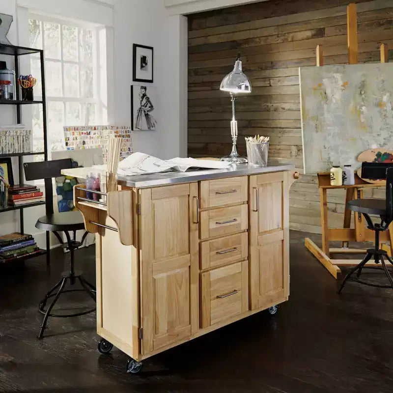 Desserte de cuisine avec dessus en acier inoxydable, coloris naturel - Home Styles : îlot roulant, rangement, design moderne