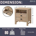Table de chevet en bois Arden 2 tiroirs Driftwood clair - Meubles Alaterre : Cadre en pin rustique, étagère ouverte, quincaillerie en bronze huilé