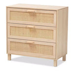 Baxton Studio Sebille Wood with Natural Rattan 3 Drawer Storage Chest Light Brown : Bohemian Style, Particle Board Frame