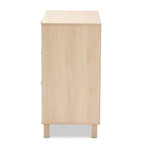 Commode de rangement Baxton Studio Sebille en bois avec rotin naturel, 3 tiroirs, marron clair : style bohème, cadre en panneaux de particules