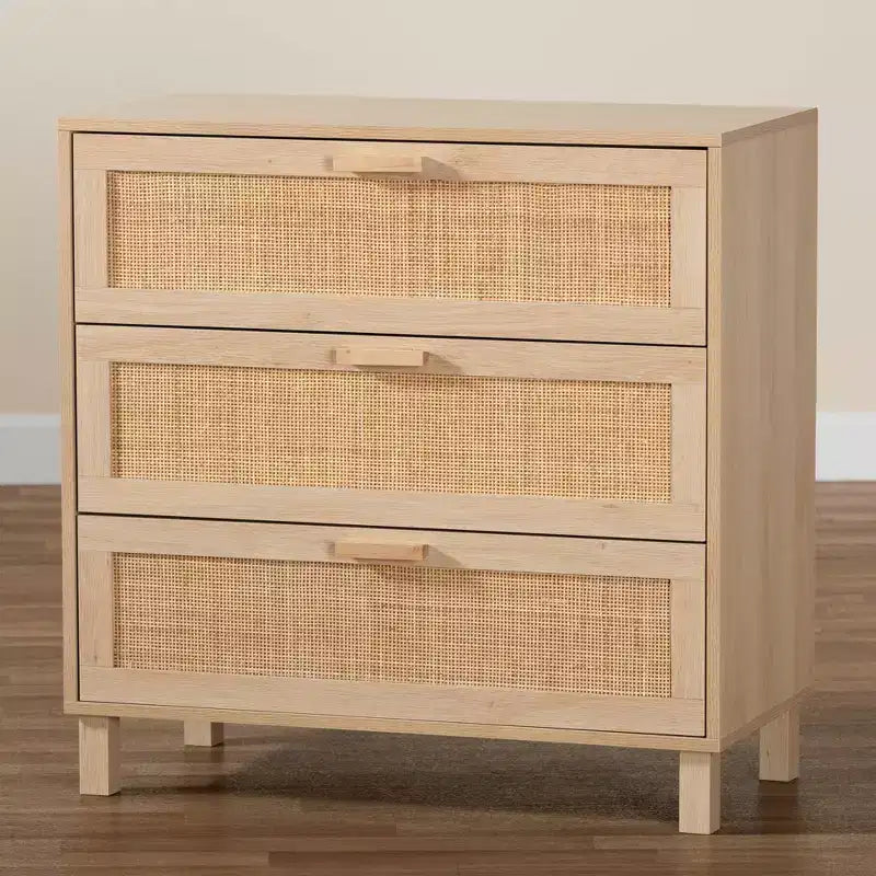 Commode de rangement Baxton Studio Sebille en bois avec rotin naturel, 3 tiroirs, marron clair : style bohème, cadre en panneaux de particules