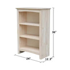 Bibliothèque Shaker 36 x 24 po non finie - International Concepts : Matériau en bois d'hévéa, 3 étagères fixes, dos fermé