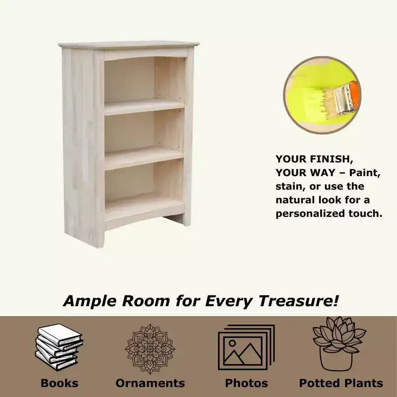 Bibliothèque Shaker 36 x 24 po non finie - International Concepts : Matériau en bois d'hévéa, 3 étagères fixes, dos fermé