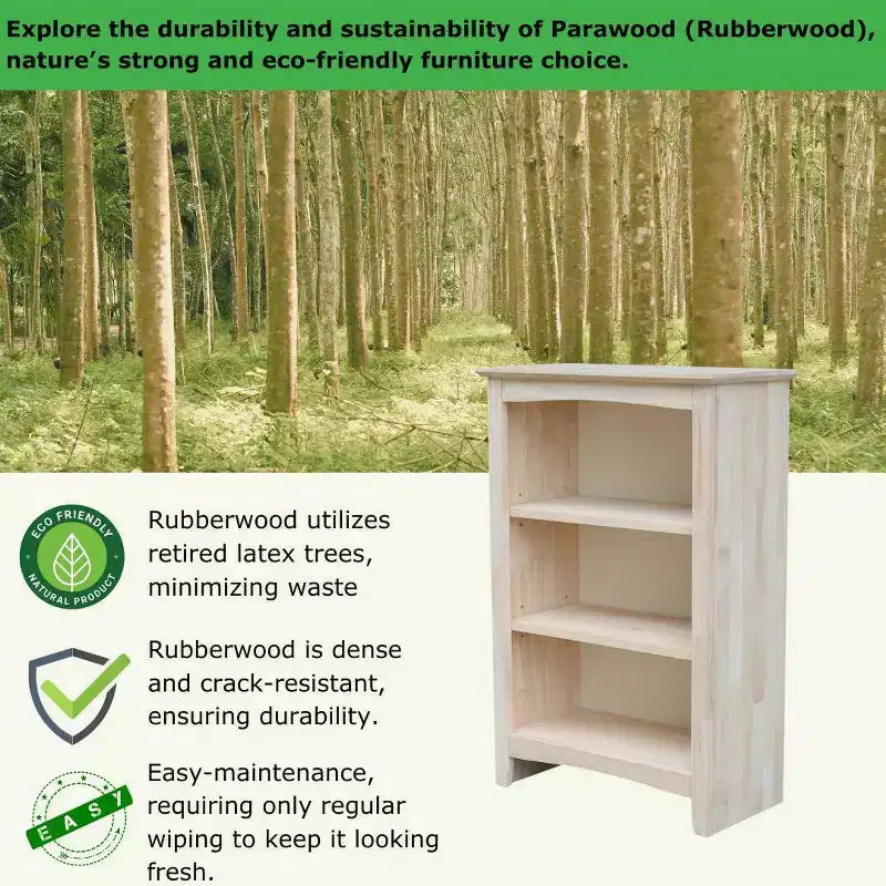 Bibliothèque Shaker 36 x 24 po non finie - International Concepts : Matériau en bois d'hévéa, 3 étagères fixes, dos fermé