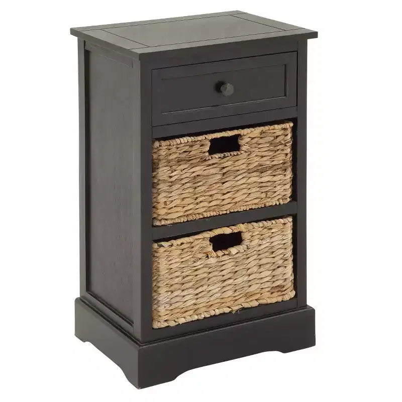 Commode en bois de ferme avec paniers en osier noirs - Olivia & May : aucun assemblage requis, utilisation en intérieur, composite MDF