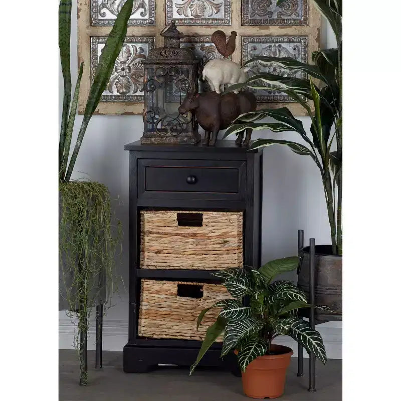 Commode en bois de ferme avec paniers en osier noirs - Olivia & May : aucun assemblage requis, utilisation en intérieur, composite MDF