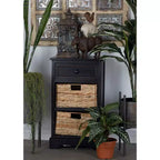 Commode en bois de ferme avec paniers en osier noirs - Olivia & May : aucun assemblage requis, utilisation en intérieur, composite MDF
