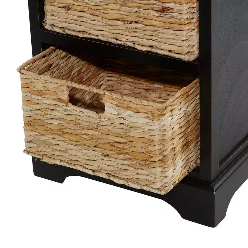 Commode en bois de ferme avec paniers en osier noirs - Olivia & May : aucun assemblage requis, utilisation en intérieur, composite MDF