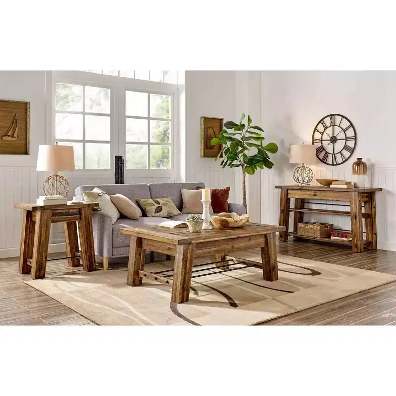 Table basse industrielle Durango en bois brun foncé Alaterre Furniture : Acacia rustique et acier, étagère fixe