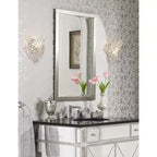 Possini Euro Design Metzeo Miroir mural de courtoisie rectangulaire moderne en verre biseauté, cadre en métal nickel brossé, 84 cm de large, pour salle de bain, chambre à coucher, entrée