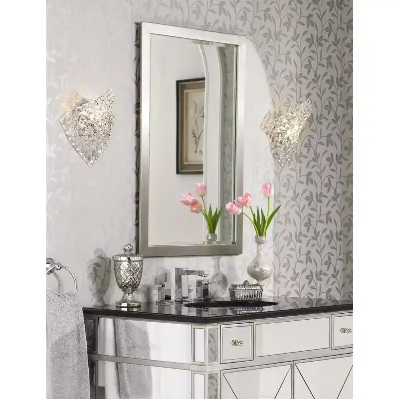 Possini Euro Design Metzeo Miroir mural de courtoisie rectangulaire moderne en verre biseauté, cadre en métal nickel brossé, 84 cm de large, pour salle de bain, chambre à coucher, entrée
