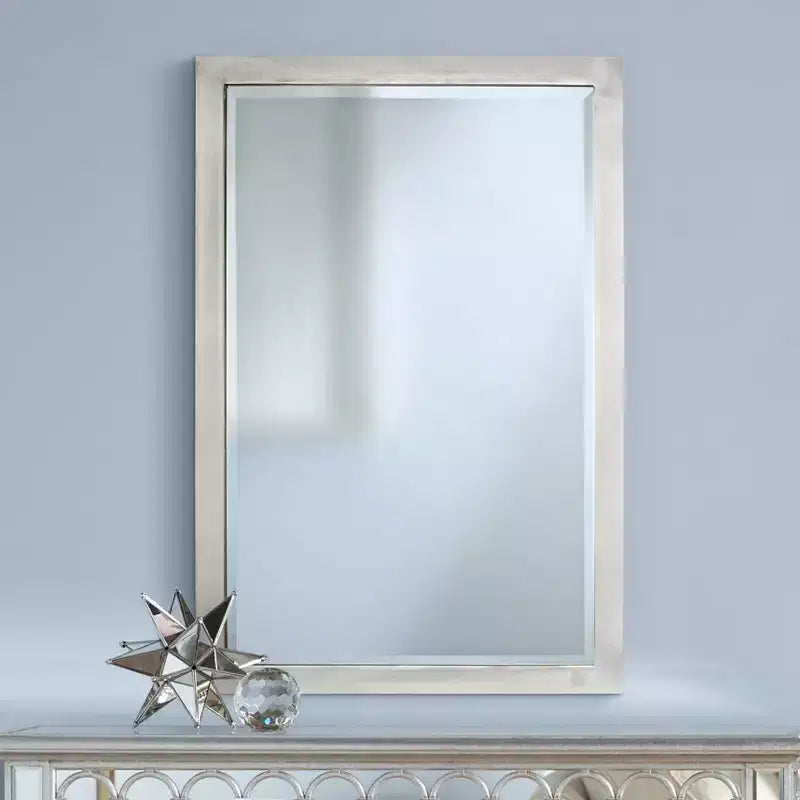 Possini Euro Design Metzeo Miroir mural de courtoisie rectangulaire moderne en verre biseauté, cadre en métal nickel brossé, 84 cm de large, pour salle de bain, chambre à coucher, entrée