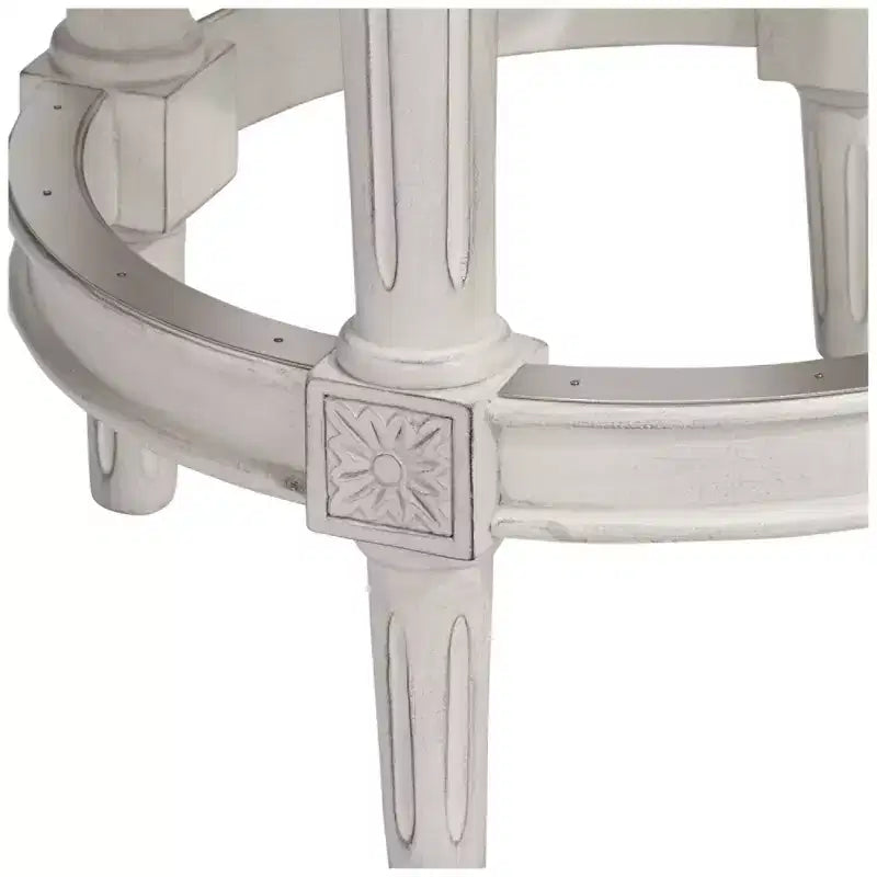 55 Downing Street Tabouret de bar pivotant Oliver Wood Blanc vieilli 24 1/2 po de haut Coussin rond étain traditionnel avec repose-pieds pour îlot de cuisine
