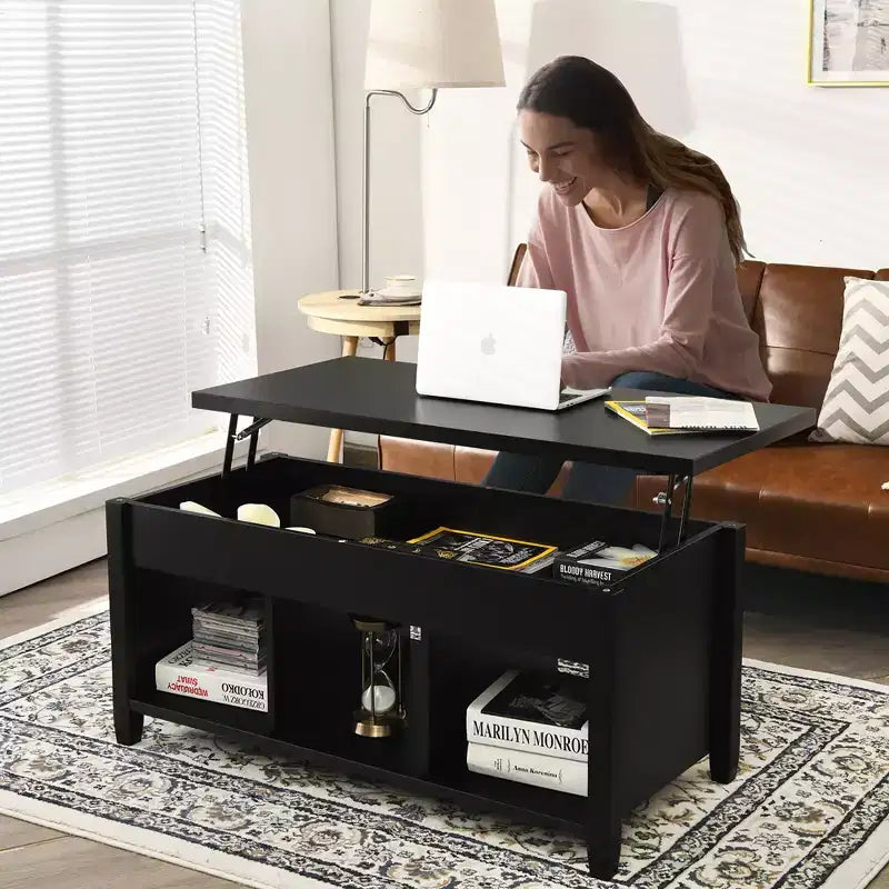Table basse relevable Costway avec compartiment caché et étagères de rangement Noir