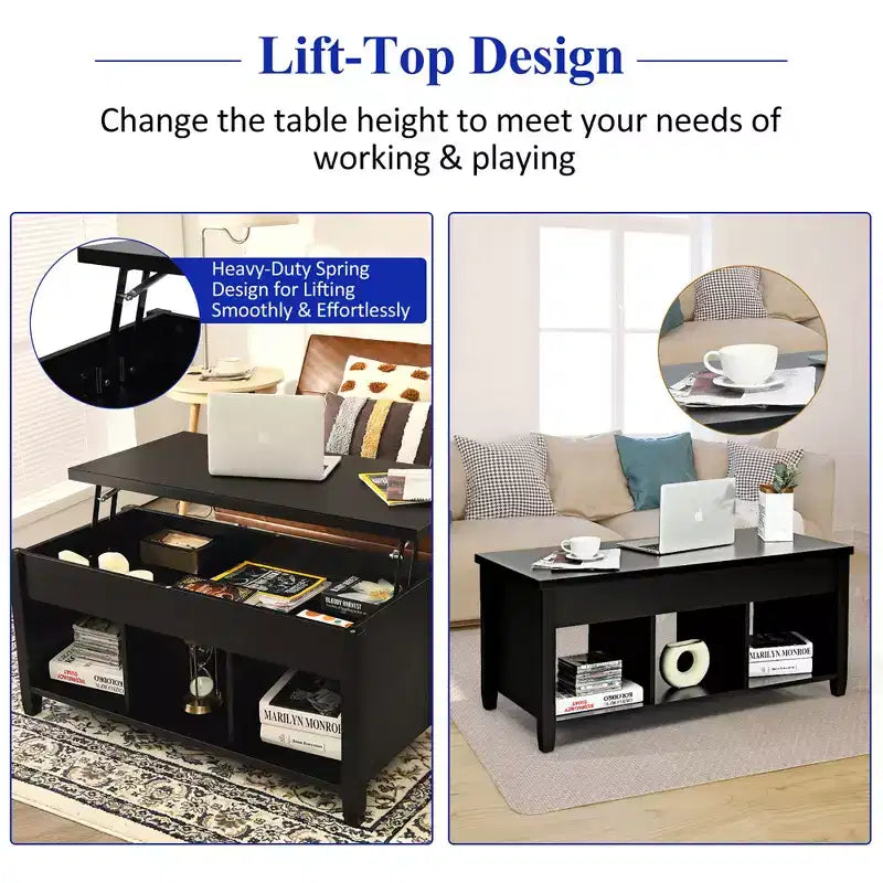 Table basse relevable Costway avec compartiment caché et étagères de rangement Noir