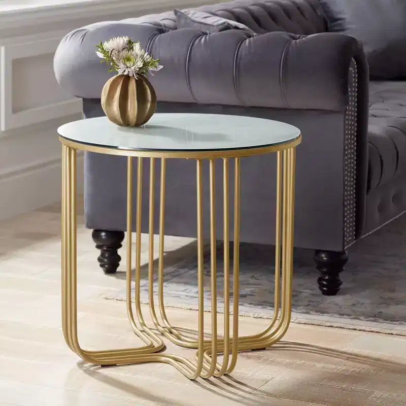 Studio 55D Yuri Table d'appoint ronde moderne en métal bronze, 61 cm de large, avec plateau en verre marbré doré pour salon, chambre, chevet, entrée