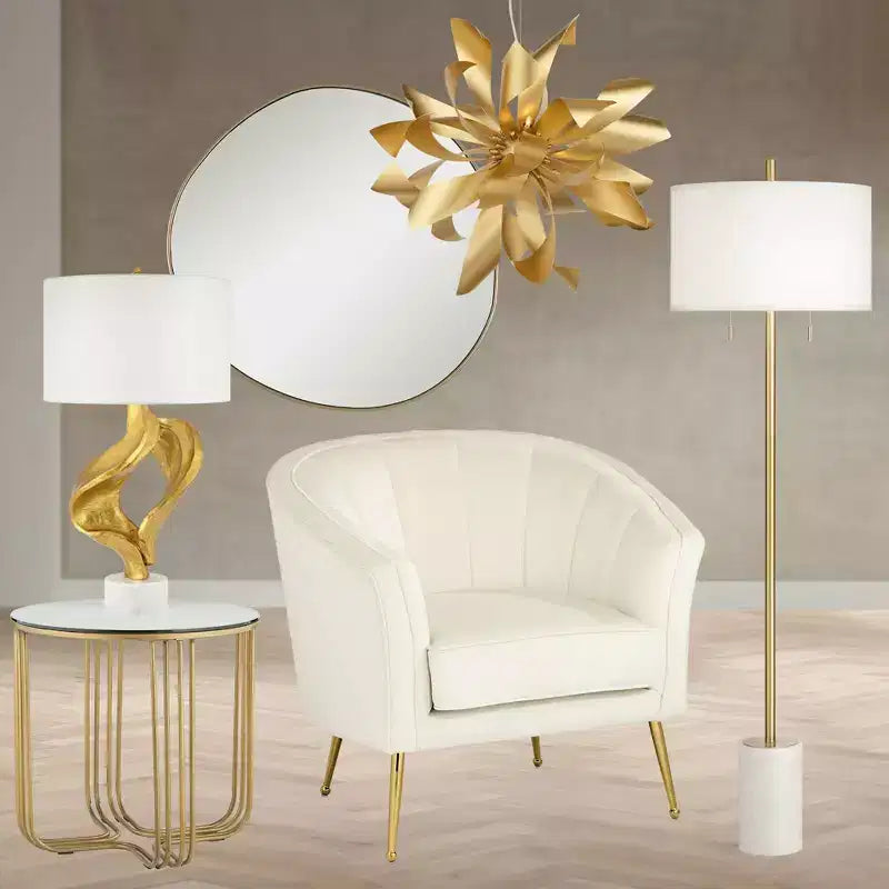 Studio 55D Yuri Table d'appoint ronde moderne en métal bronze, 61 cm de large, avec plateau en verre marbré doré pour salon, chambre, chevet, entrée