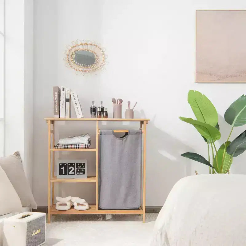 Panier à linge Costway en bambou avec étagères de rangement et sac coulissant