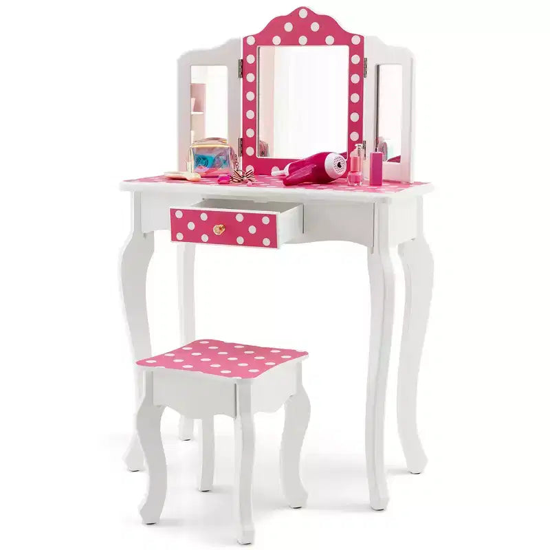 Costway Coiffeuse Enfant avec Tabouret Miroir Triple Pliage Motif à Pois Rose