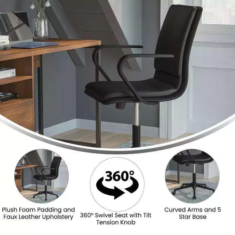 Fauteuil de bureau de direction rembourré Flash Furniture James à dossier mi-haut avec piètement et accoudoirs en métal brossé