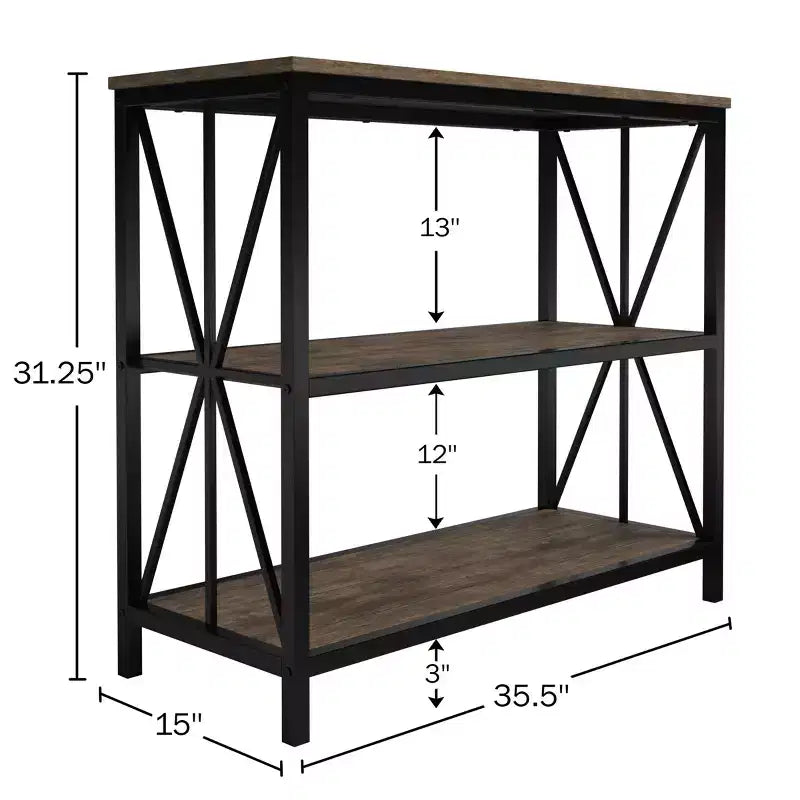 Étagère à 3 niveaux autoportante style grange Hastings Home, bibliothèque industrielle pour l'organisation et le rangement à la maison ou au bureau, grain de bois marron