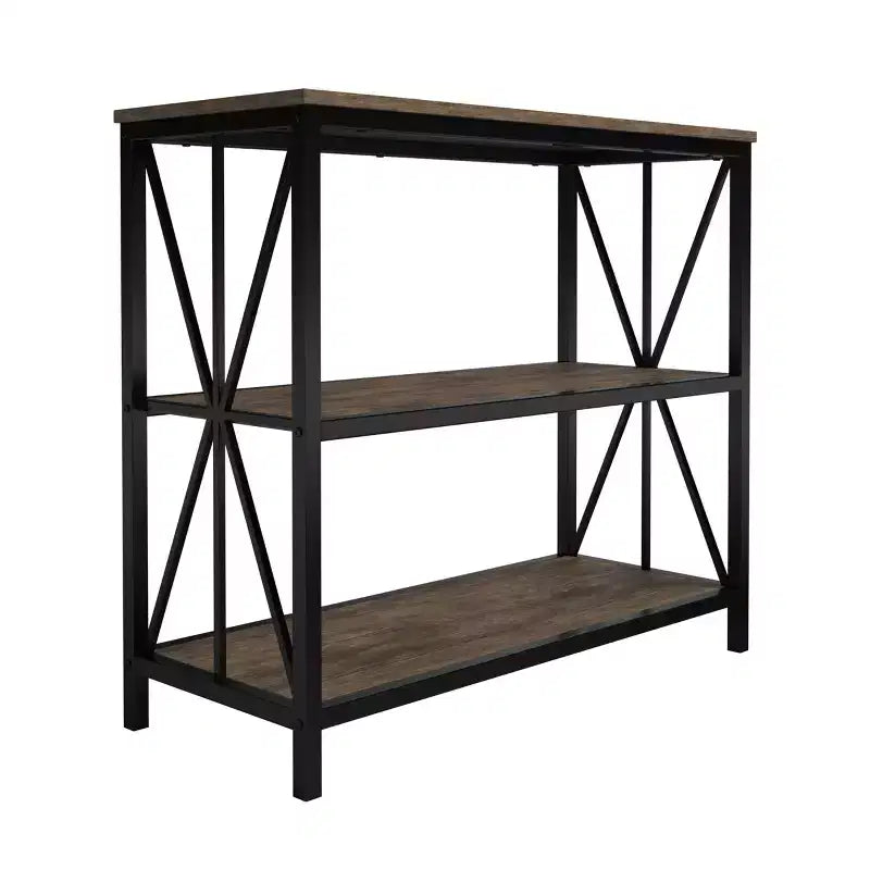 Étagère à 3 niveaux autoportante style grange Hastings Home, bibliothèque industrielle pour l'organisation et le rangement à la maison ou au bureau, grain de bois marron