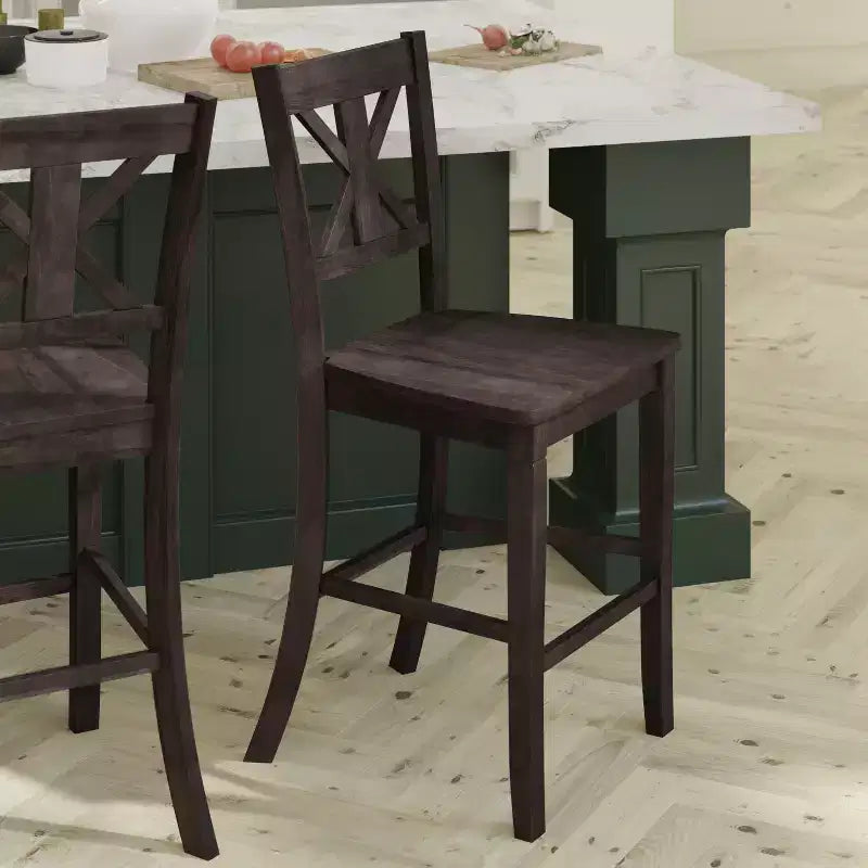 Emma and Oliver Lot de 2 tabourets de bar modernes en bois style ferme avec dossier sculpté décoratif et assise en bois