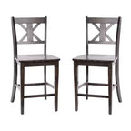 Emma and Oliver Set of 2 Wooden Modern Farmhouse Bar Height Dining Stool with Decorative Carved Backrest and Wood Seat