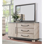 Lit à lattes en bois avec commode, miroir et deux tables de chevet, finition chêne vieilli