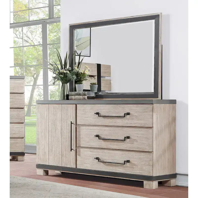 Lit à lattes en bois avec commode, miroir et deux tables de chevet, finition chêne vieilli