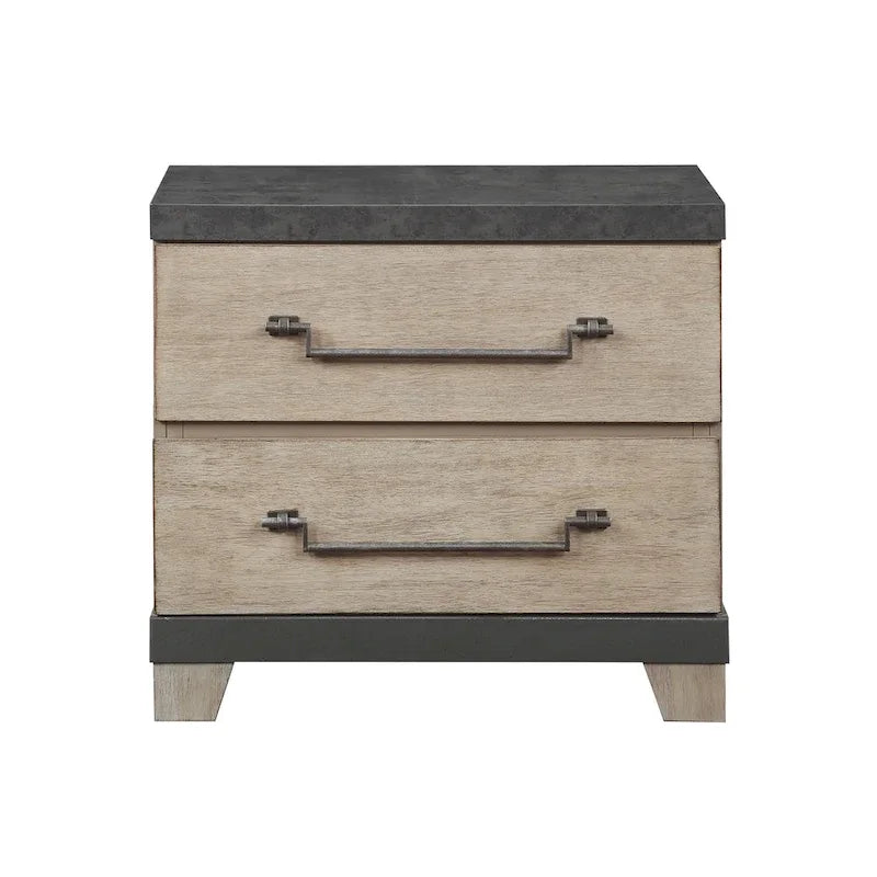 Lit à lattes en bois avec commode, miroir et deux tables de chevet, finition chêne vieilli