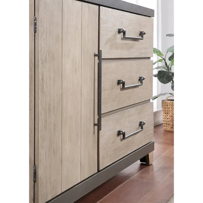 Lit à lattes en bois avec commode, miroir et deux tables de chevet, finition chêne vieilli