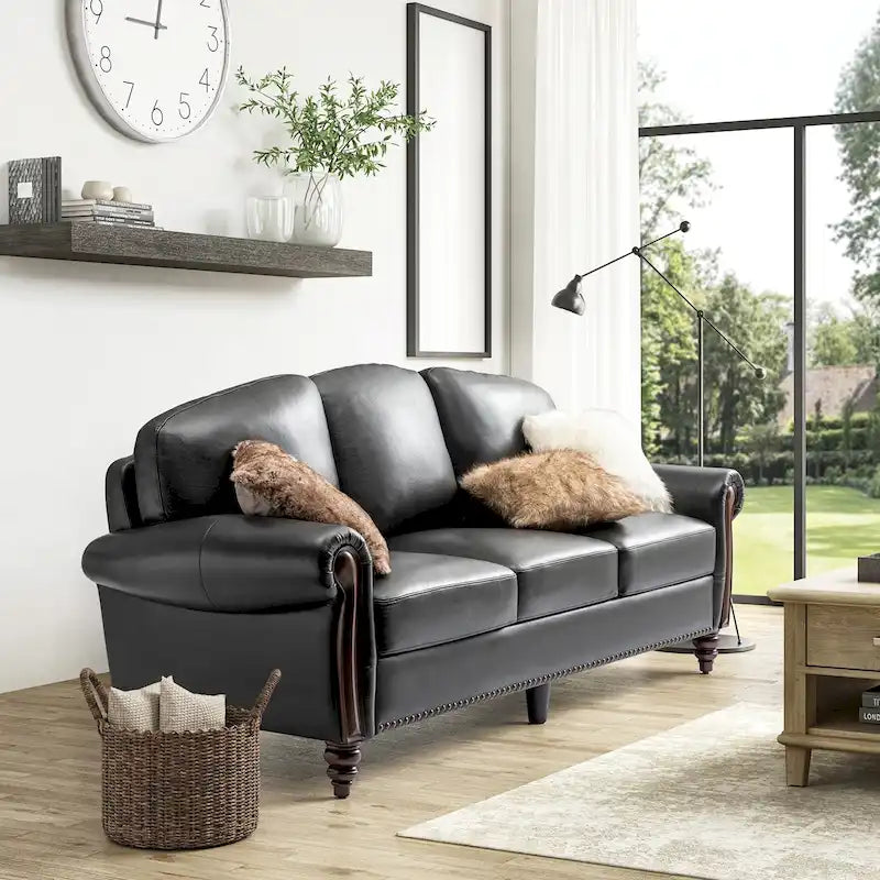 Canapé traditionnel en cuir véritable de 84 po avec pieds en bois sculpté