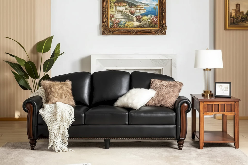 Eduard 84 Traditional Genuine Leather Sofa with Carved Wood Legs by HULALA HOME