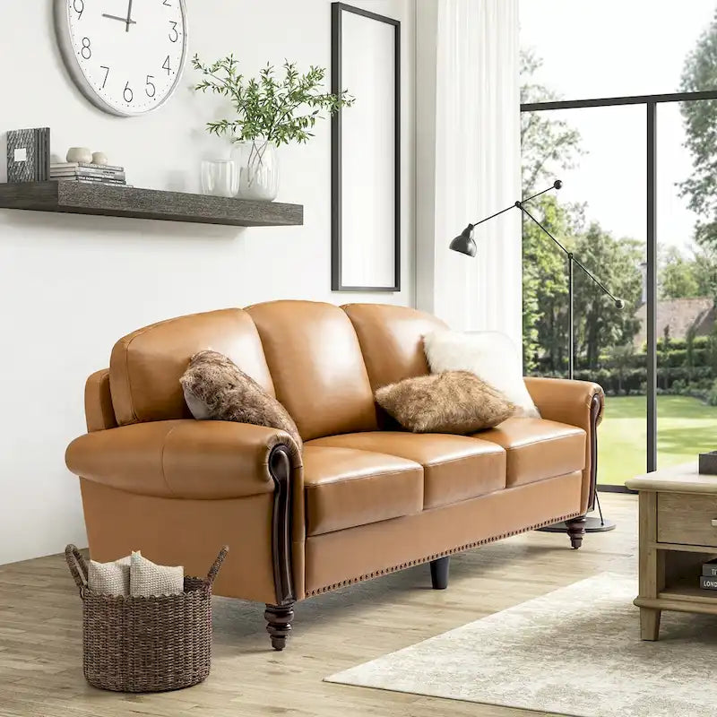 Canapé traditionnel en cuir véritable de 84 po avec pieds en bois sculpté