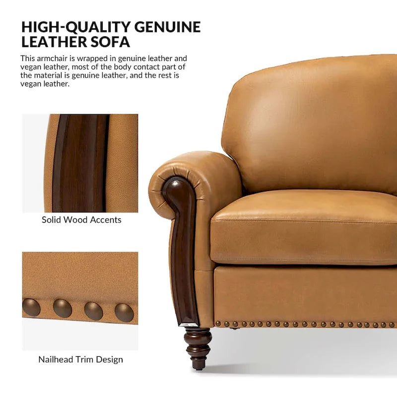 Canapé traditionnel en cuir véritable de 84 po avec pieds en bois sculpté
