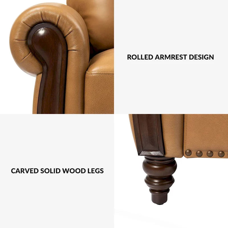 Canapé traditionnel en cuir véritable de 84 po avec pieds en bois sculpté