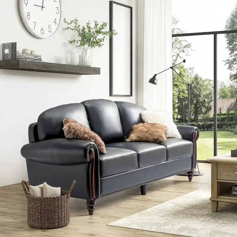 Canapé traditionnel en cuir véritable de 84 po avec pieds en bois sculpté