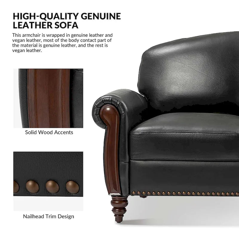Canapé traditionnel en cuir véritable de 84 po avec pieds en bois sculpté
