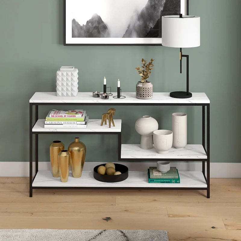 Console rectangulaire de 140 cm de large avec plateau en faux marbre