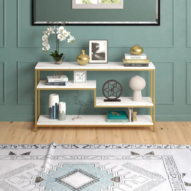 Console rectangulaire de 140 cm de large avec plateau en faux marbre